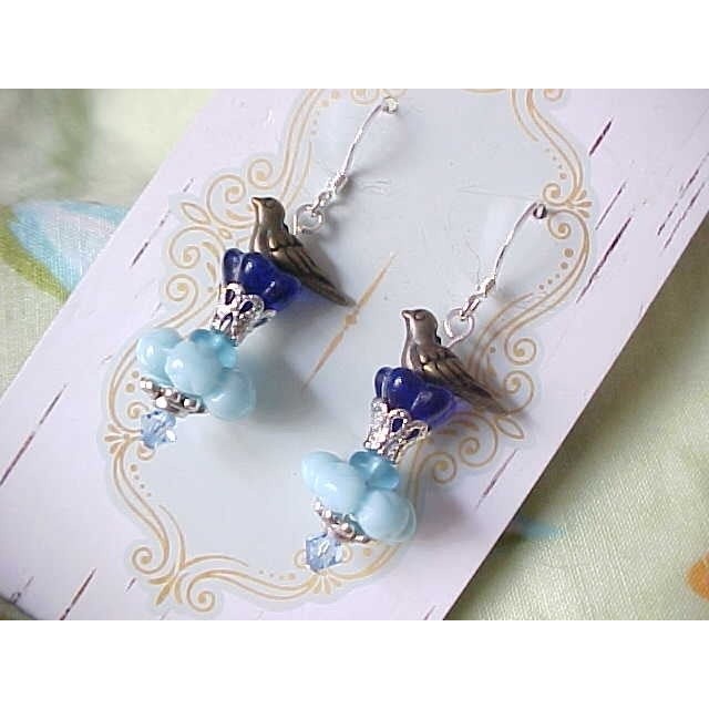 B2g1 Spring Floral Blue Bird Earrings Handmade Fairy Core Cottage Shabby Chic